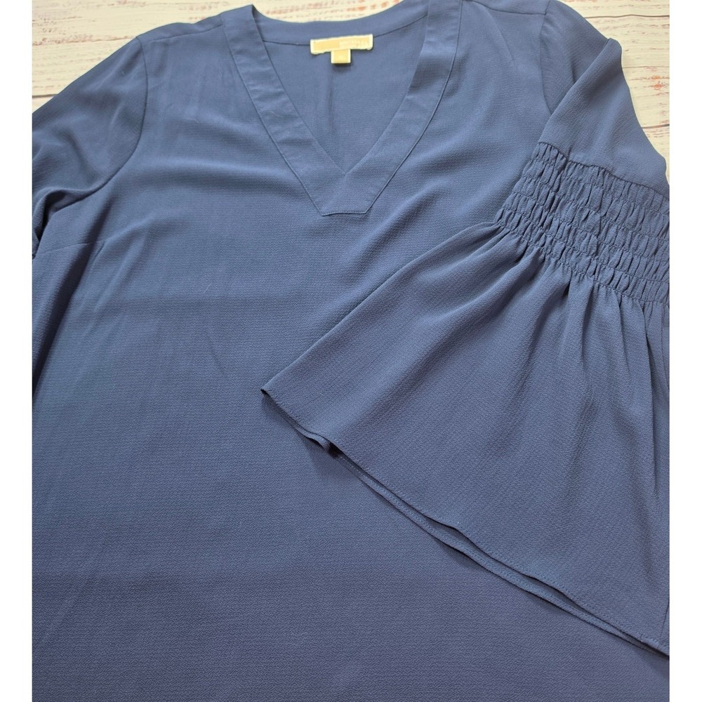 Michael Kors V Neck Blouse Women XL Navy Blue Excellent Smocked Bell Sleeve